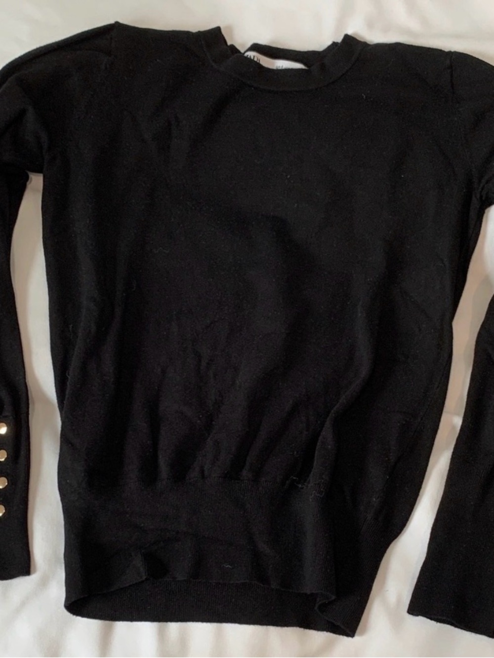 Zara Black Crewneck Sweater with Button-Sleeve Accents